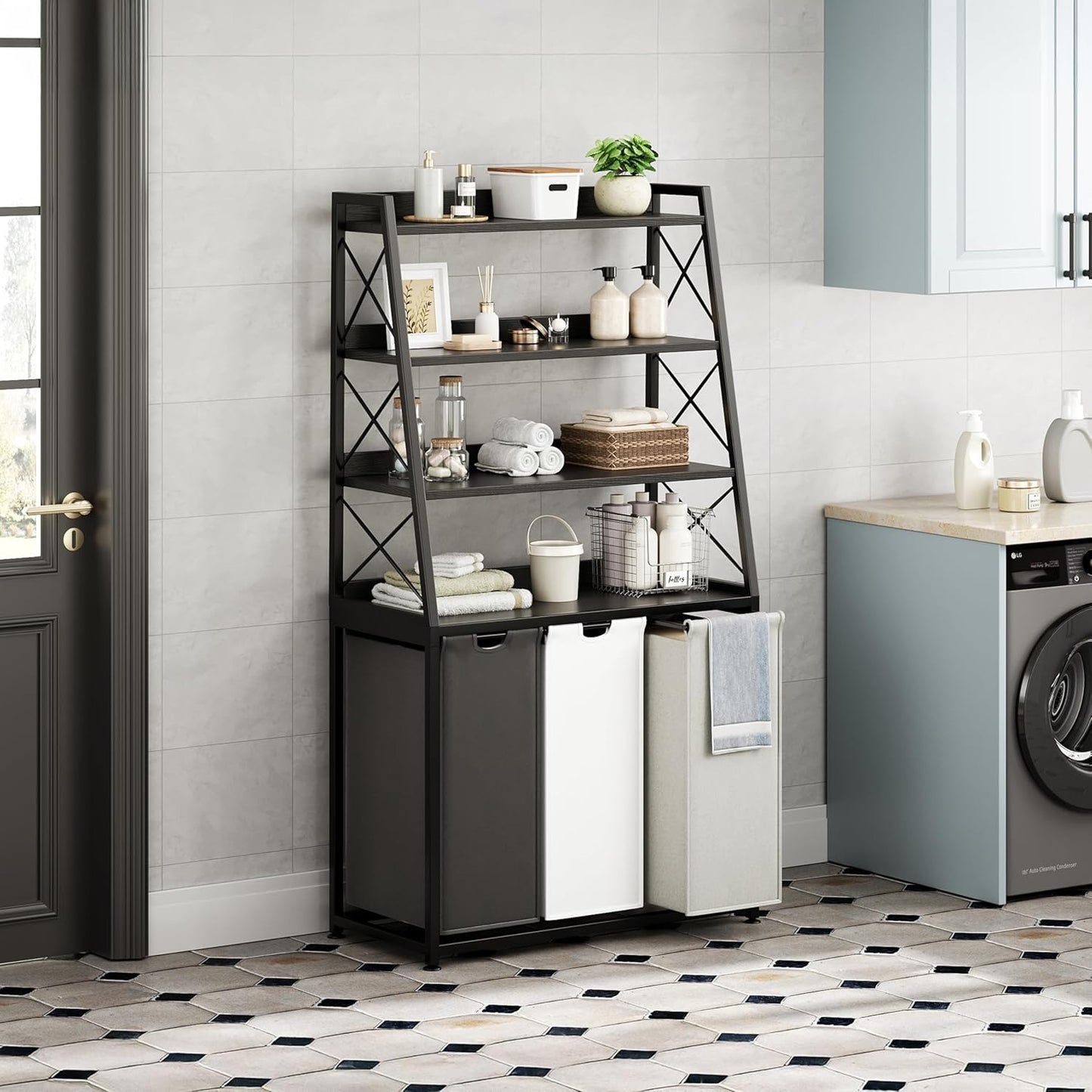 Laundry Basket, 3 Section Laundry Hamper with 4 Tiers Shelf, Pull-Out and Removable Laundry Bags, Large 3 x 15.87 Gallons, for Laundry Room Bathroom Black PF05XLK