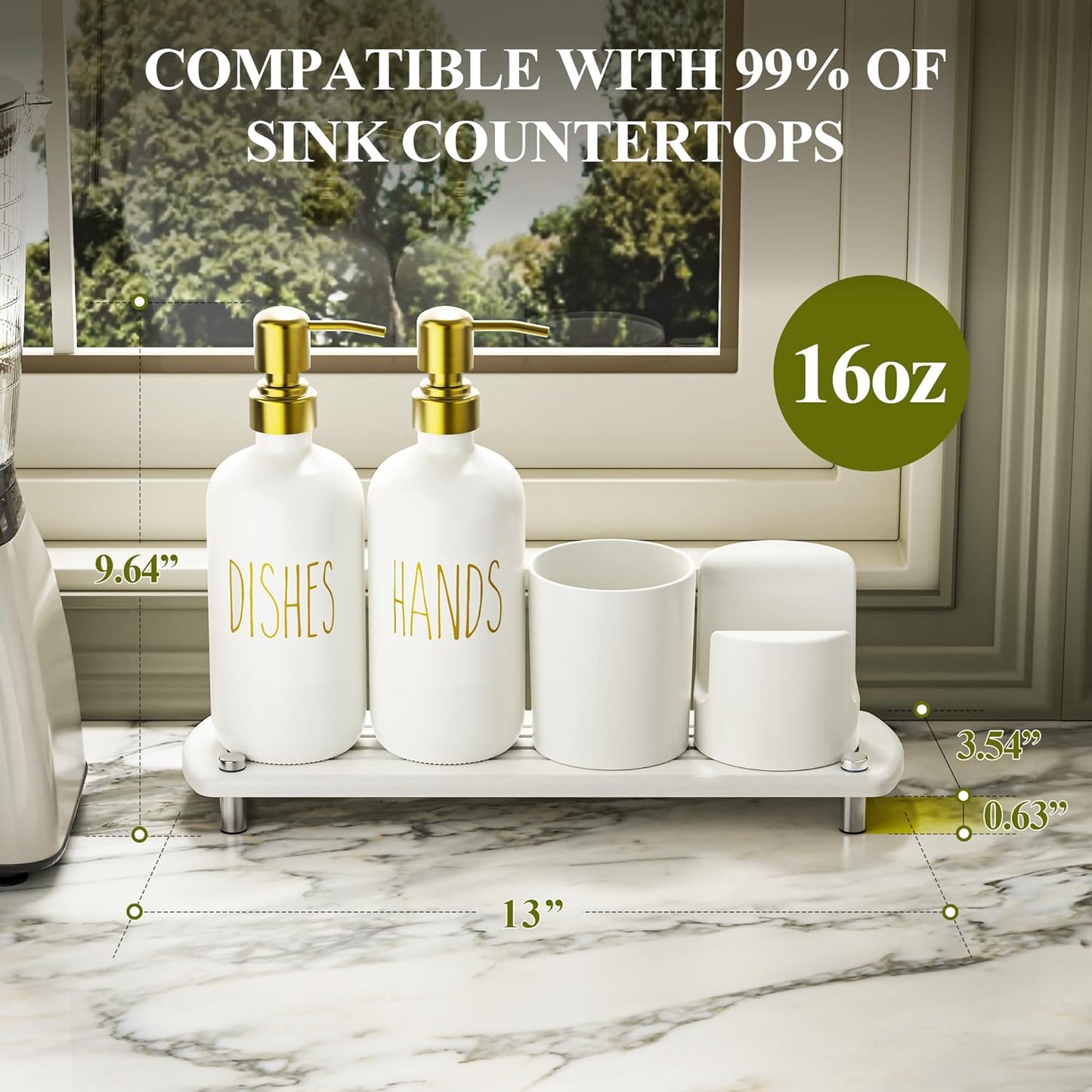 Cisily Gold Kitchen Soap Dispenser Set with Ceramics Sponge Holder and Brush Holder, Gold Pumps, and Instant Dry Tray, Hand and Dish Soap Dispenser Set Suitable for Kitchen Decor and Accessories