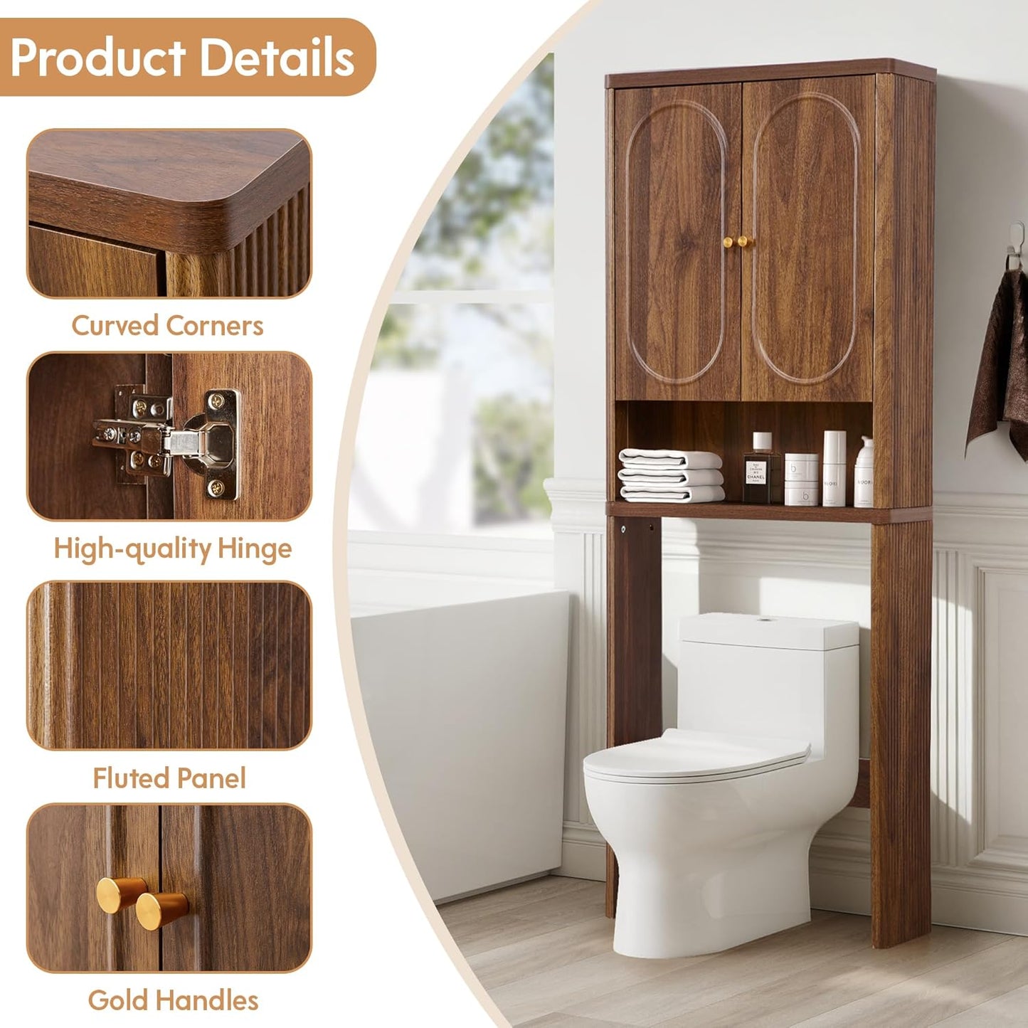 Fluted Over The Toilet Storage Cabinet, Bathroom Toilet Storage Cabinet with Door, Wood Curved Over The Toilet Space Saver Cabinets for Restroom Bathroom, Walnut