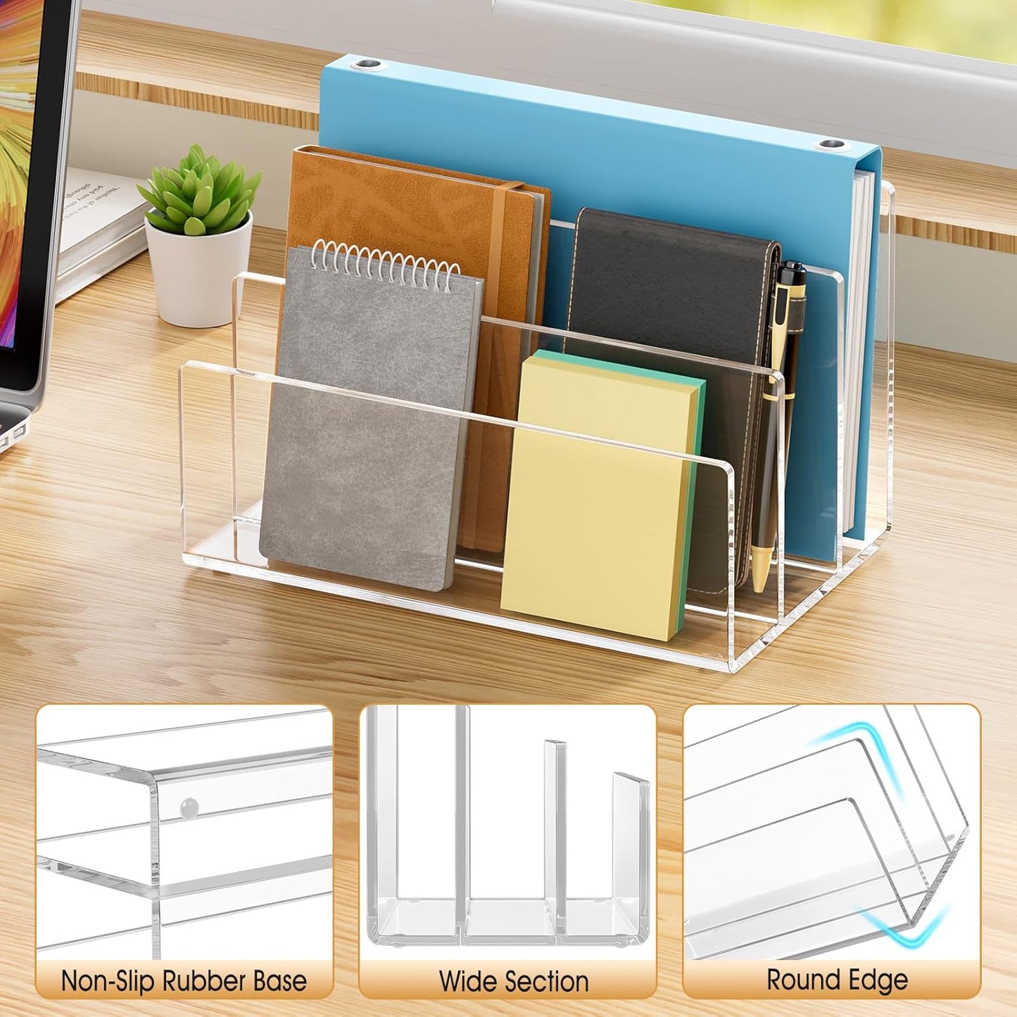 KTRIO 3 Section Mail Organizer Letter Holder for Desk, Vertical 3 Compartments Acrylic File Holder, File Sorter Desk Organizer for Envelopes and Electronics Office Supplies, Clear