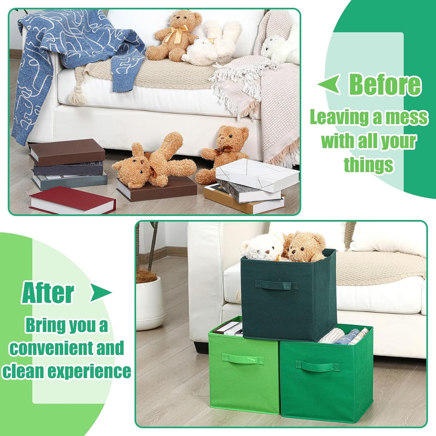 Karenhi 11" x 10. 5" x 10. 5" Green Storage Cube, 6 Pack Fabric Cube Storage Bins Organizer Box, Collapsible Baskets with Handles Foldable Shelf for Cloth Toys Home Room Closet, Pack of 6