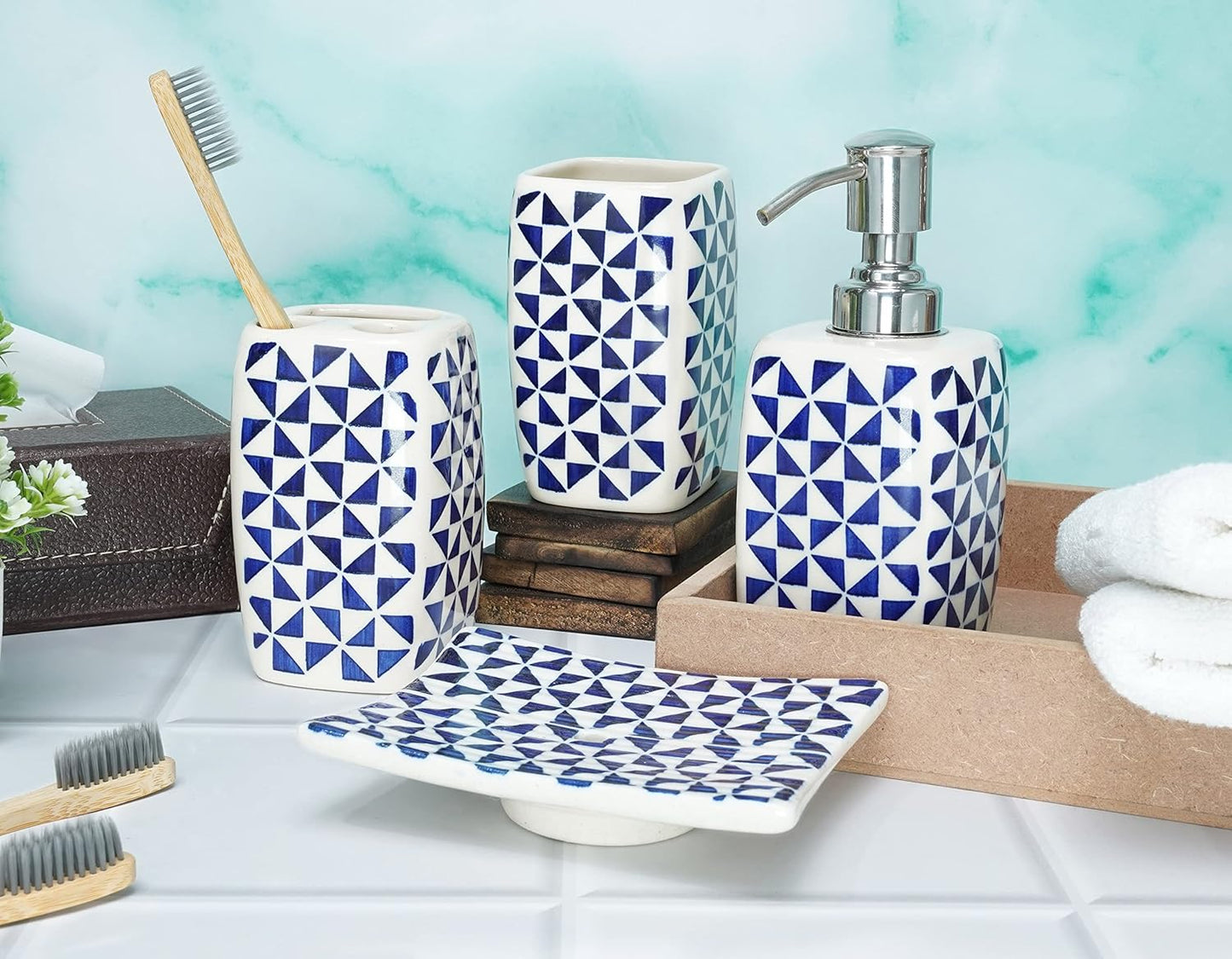 Crocon Handmade Ceramic Bathroom Accessories Set of 4 Soap Dispenser Toothbrush Stand Soap Dish/Tray Tumbler Home Decoration Bathroom Countertop Vanity Organizer Complete Bath Luxury Accessory