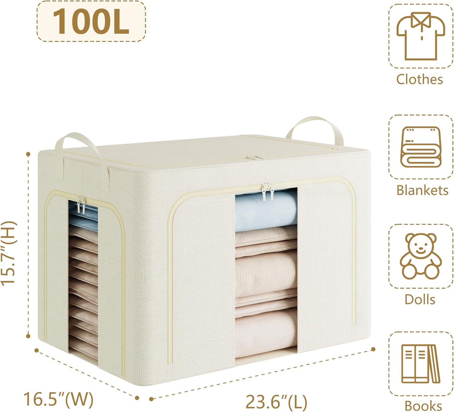 Pinkpum 3 Pack Clothes Storage Bins with Metal Frame, Closet Organizers and Storage Boxes, Stackable & Foldable Clothes Organizer Bags with Large Clear Window & Long Carry Handles, Beige 100L