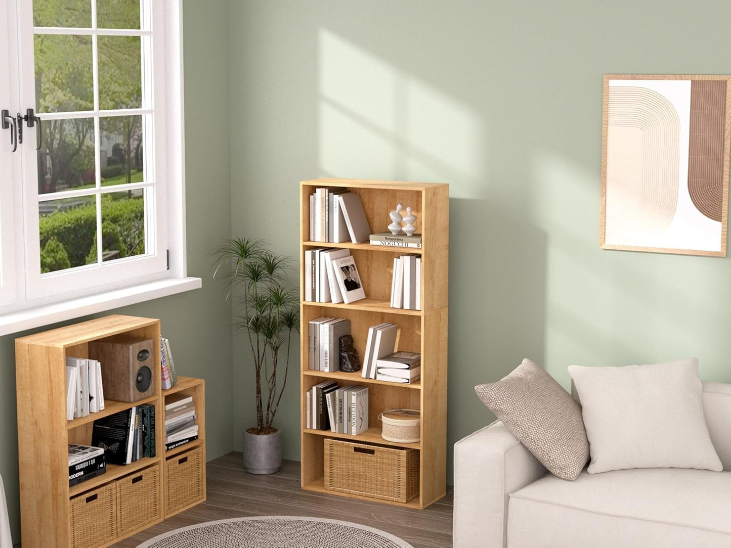 Wooden 5 Cube Storage Organizer,5 Tier Low Bookcase Storage Display Organizer, 54 Inch Versatile Cubes Shelf and Cubby Unit for Any Space (Natural Oak, 5 Cube-W(23.6inch)