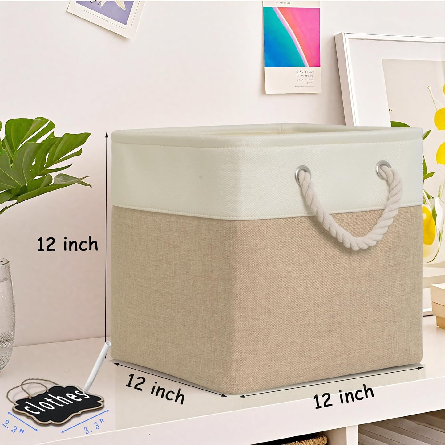 12x12 storage cube bins[6 Pack],Fabric Storage Cubes with Rope Handles, Eco-Friendly Linen Collapsible Organizers for Closet, Nursery, Toys, Office, Bathroom – Dual Color Design.(White&Khaki)