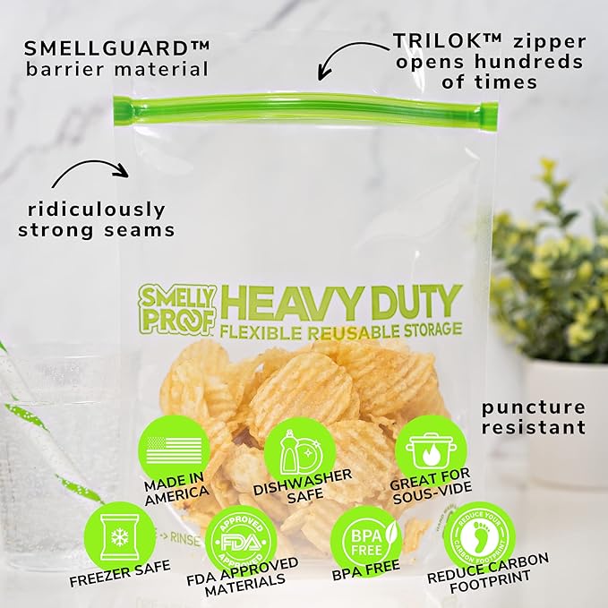 HEAVY DUTY Reusable STAND-UP Bags for Food Storage by Smelly Proof, USA Made, NO PEVA & BPA FREE, Reusable Freezer Bags, Dishwasher-Safe, Triple Zip, CLEAR 5-mils LRG Quart 8.75" x 9.5" - 5pk