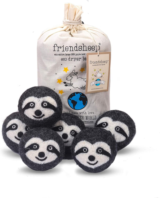 Friendsheep Wool Dryer Balls, Organic Reusable Fabric Softener Alternative for Laundry, Handmade, Fair Trade, Hypoallergenic, Eco-Friendly, Plastic-Free (6 Pack XL – Gray Sloth - Sloth Squad)