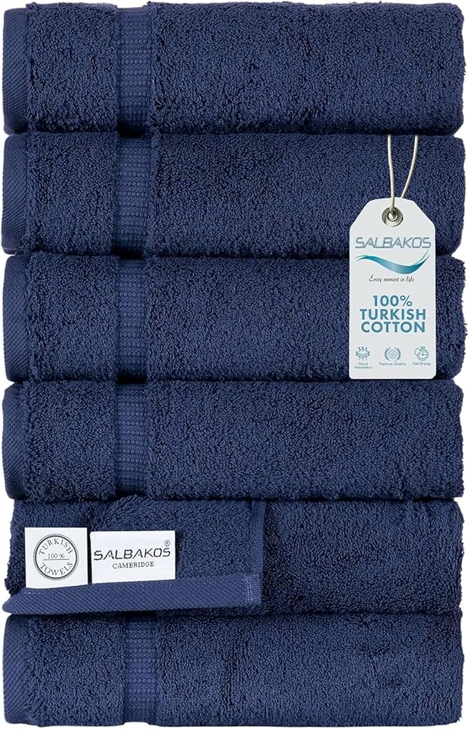 SALBAKOS 100% Turkish Cotton Hand Towel Set of 6 16x30 inch | Heirloom Quality | Hotel & Spa Collection | Ultra Soft, Super Absorbent, Long Lasting Hand Towels | Made in Turkey (Navy, 6 Hand Towels)
