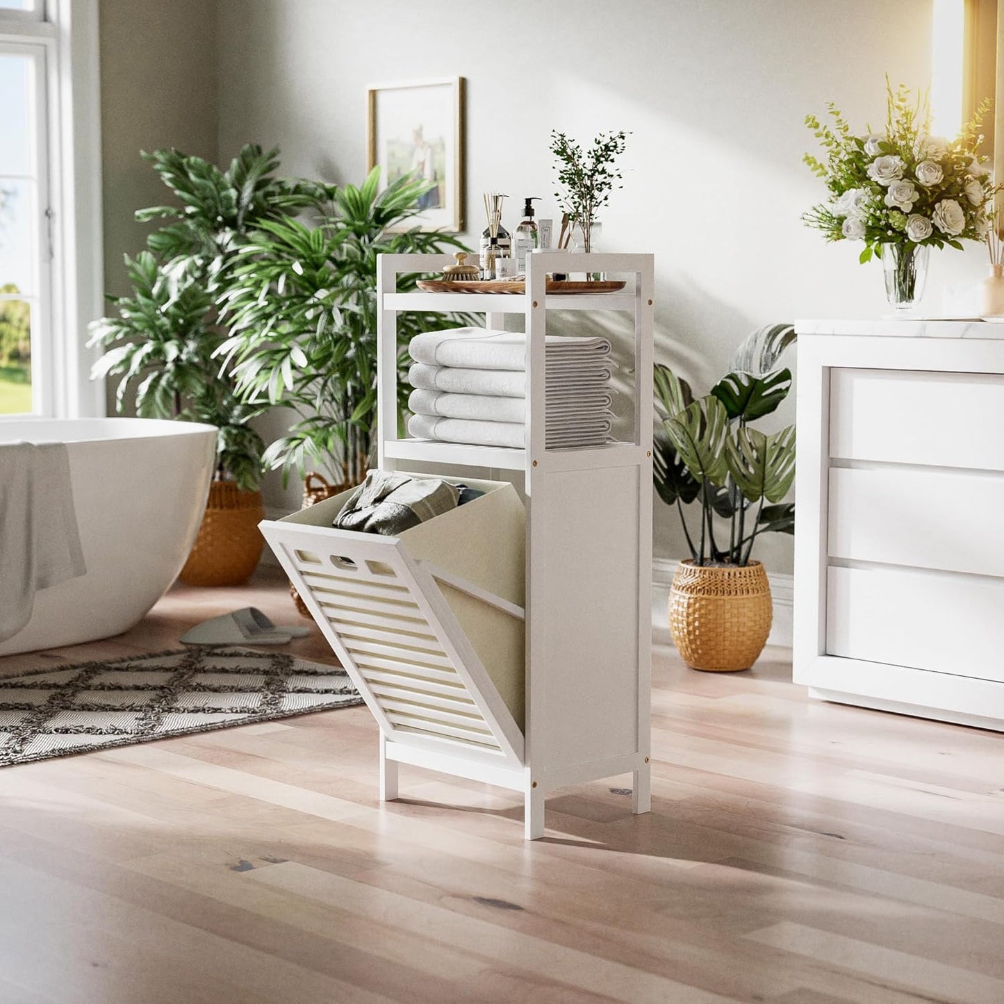 HITNET Bamboo Tilt Out Hamper, Bathroom Laundry Cabinet with Hidden Foldable Basket, Freestanding Clothes Storage Organizer with Storage Shelf, White