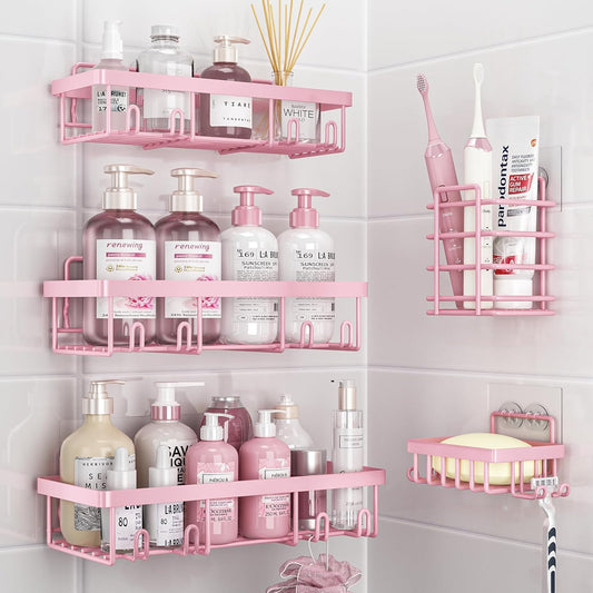 5 Pack Shower Caddy Organizer Rack Shelf for Inside Shower, Adhesive Bathroom Wall Storage Basket Rustproof Stainless Steel Shampoo Holder, Girly Bathroom Accessory Decor Set, Pink