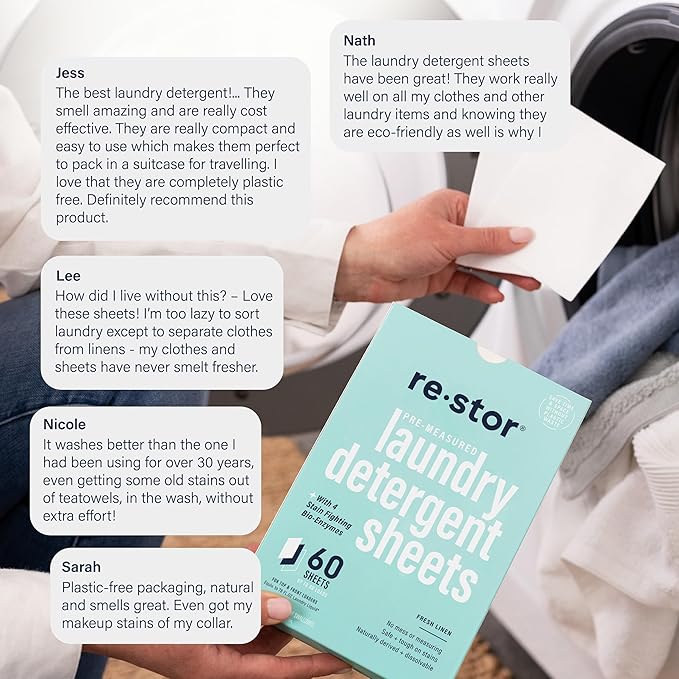 restor Laundry Detergent Sheets Fresh Linen 180 Loads | Eco Friendly Plastic Free Travel Laundry Washer Sheets | Superior Stain Fighting Washing Detergent sheets Number One in Australia