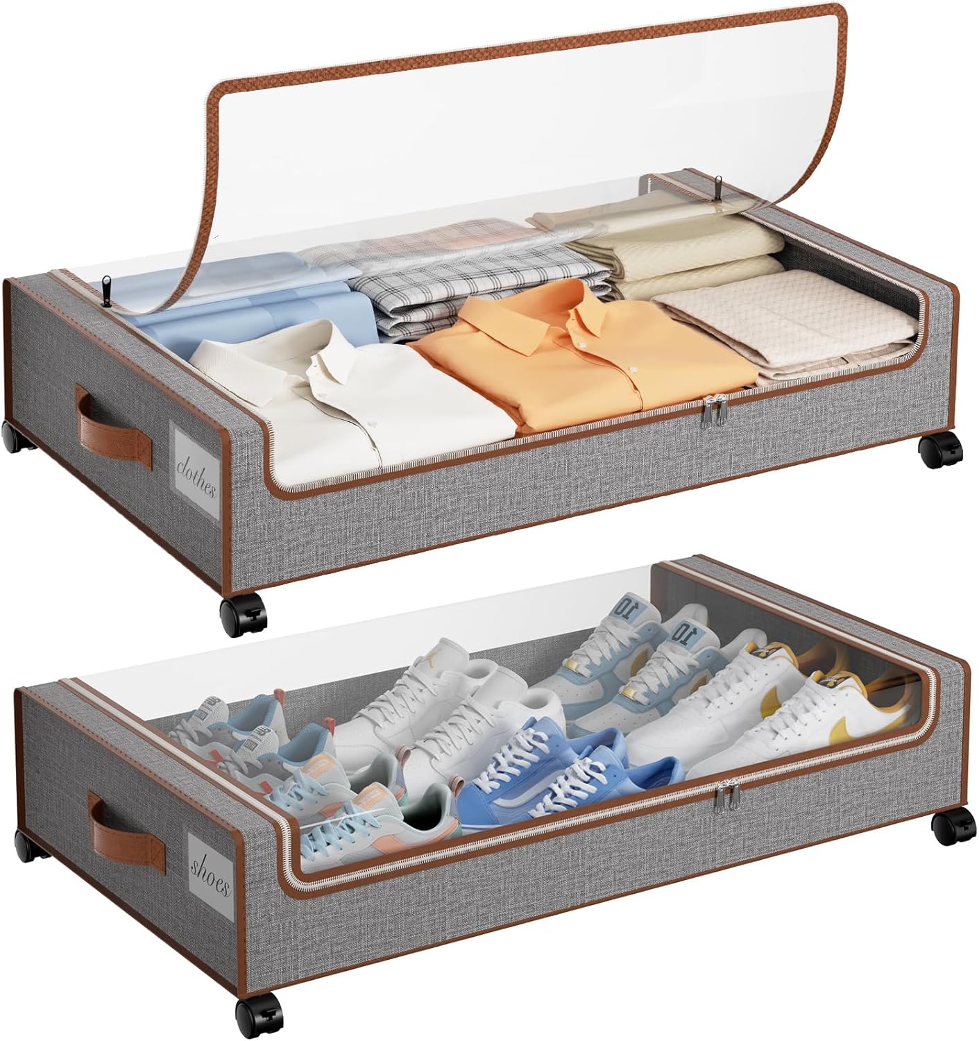 Yecaye Under Bed Storage with Wheels, 2 Pack Under Bed Storage Bins with Clear Lids & Label, XXL Large Lapacity Rolling Under Bed Drawers for Clothes, Blankets, Shoes