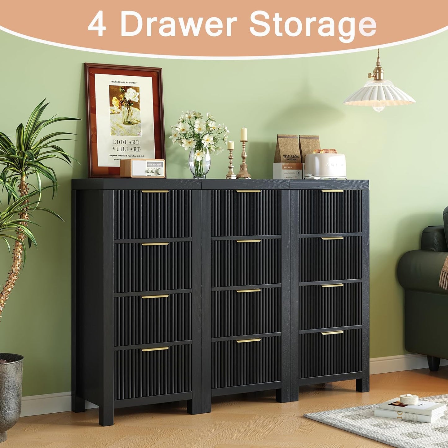 Tall Mid-Century Dresser with 4 Large Drawers, Black Wood Storage Cabinet with Metal Handles for Entryway, Bedroom, or Office