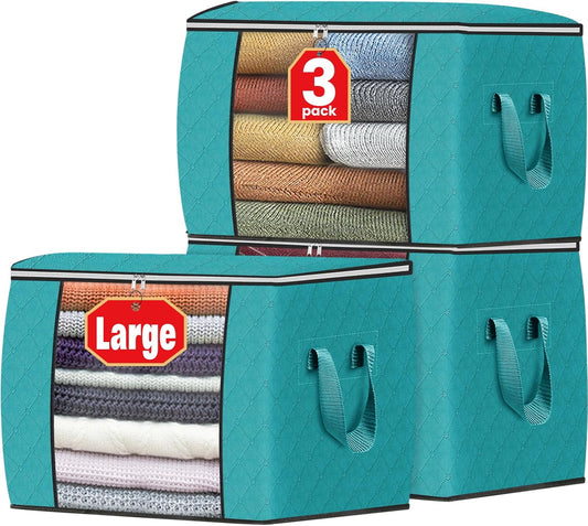 Fab totes 24 Gallons Clothes Storage, Foldable Thick Fabric Blanket Storage Bags, Containers for Organizing Bedroom, Closet, Clothing, Comforter, Organization with Handle (3 Pack,Green)