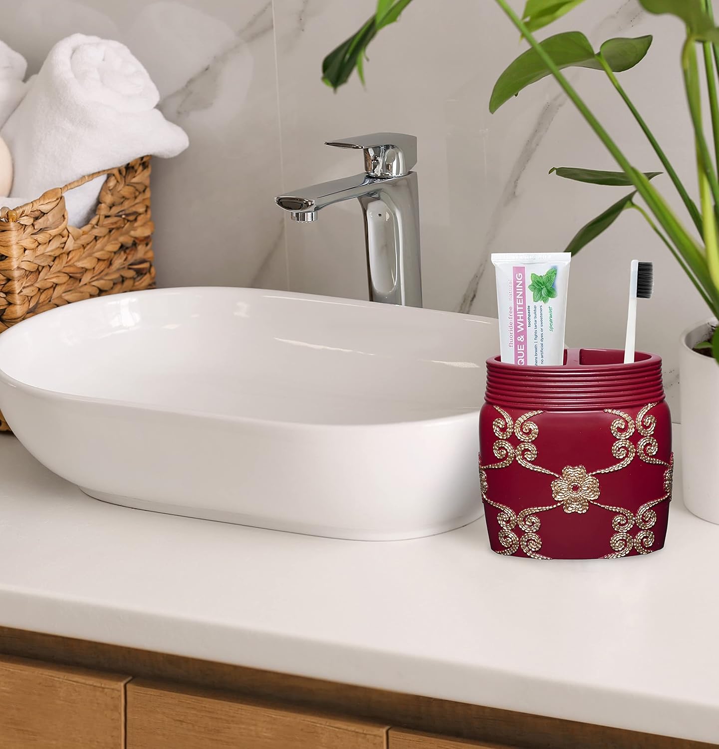 Zahari Home 4pc Elegant Rose Burgundy Bathroom Set Classic Bathroom Lotion Dispenser, Tumbler, Toothbrush Case and Bar Soap Holder Modern Uunique Design Burgundy Red Bathroom Accessories