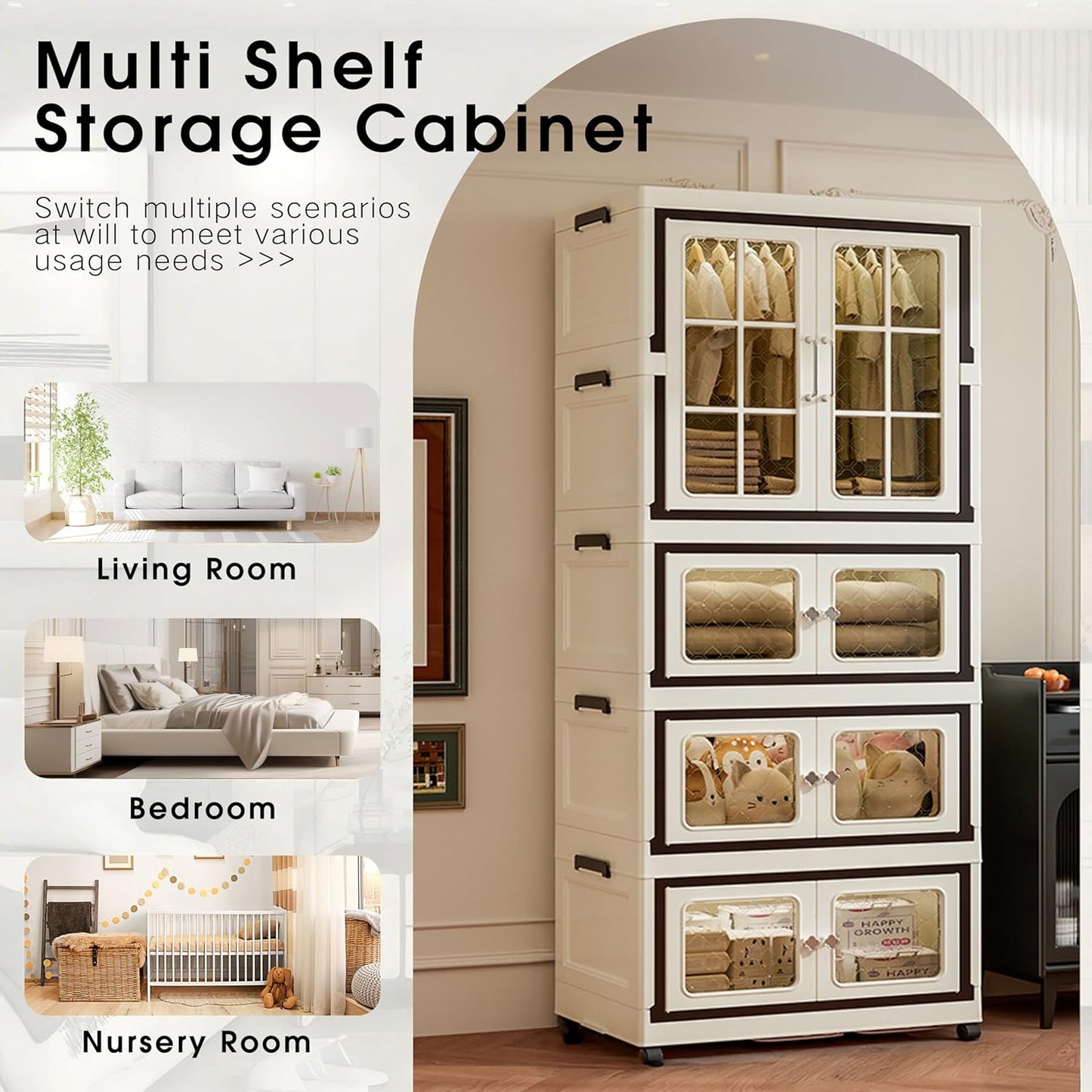 Collapsible Storage Bins with Lids, Folding Storage box with Doors and Wheels, Stackable Organizers Cabinets, Closet Organizers and Storage for Home, Dorm (3+1 Transparent)