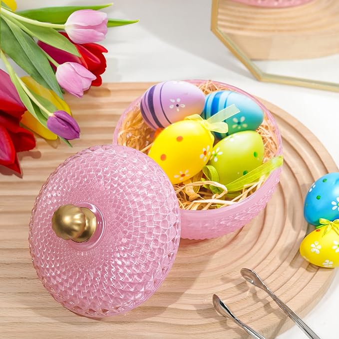 Joeyan 12 oz Small Pink Glass Jewelry Box Jars with Lid,Embossed Glass Candy Dishes,Diamond Faceted Food Container,Decorative Apothecary Canisters,Colored Kitchen Bathroom Buffet Storage Organizer