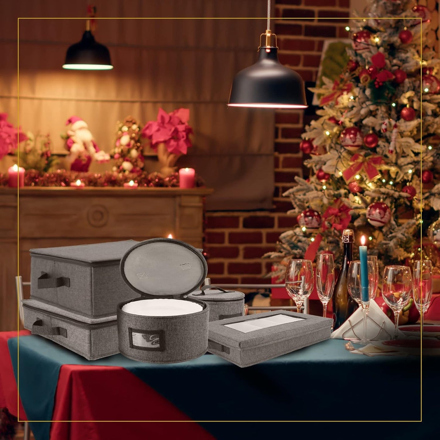 HOMELUX THEORY Hard Shell China Storage Containers for Dishes, 4pcs Plate Storage Containers with Lid, Heavy Duty Dish and Dinnerware Storage with 48 Felt Pads, Kitchen Organizers and Storage