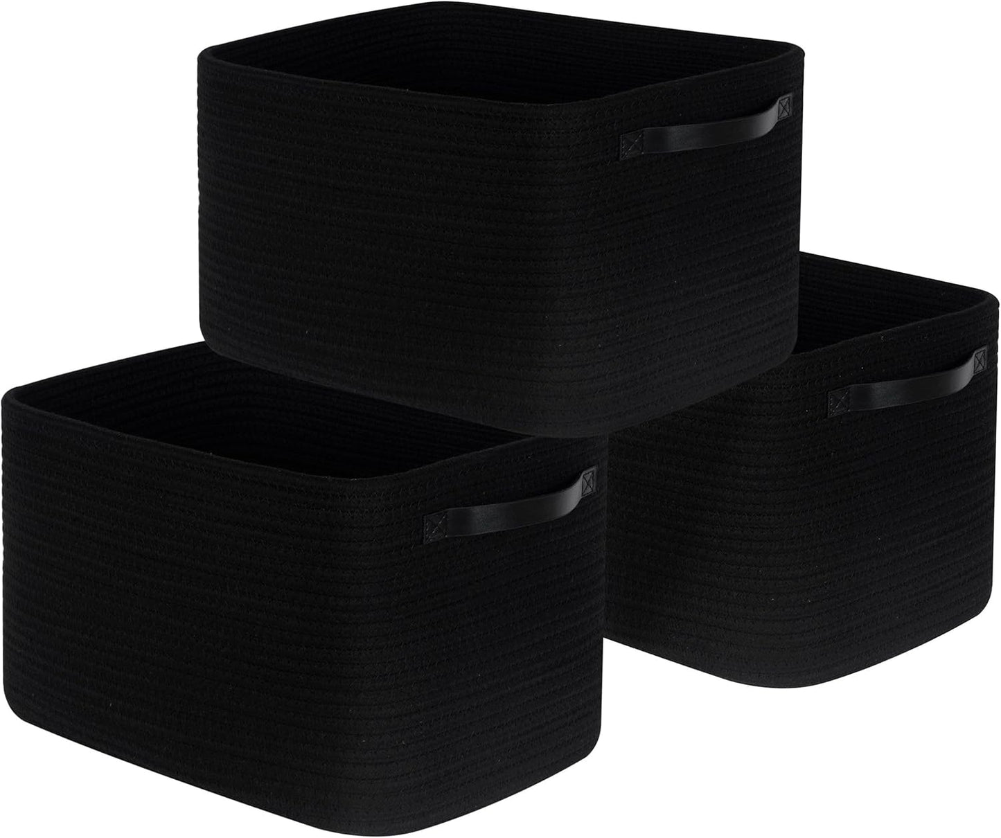 MINTWOOD Design 3-Pack Storage Baskets for Shelves, Decorative Baskets for Organizing, Woven Baskets for Storage, Book Basket Cube Bin Box, Pantry Closet, Shoe Organizer, Black / Black
