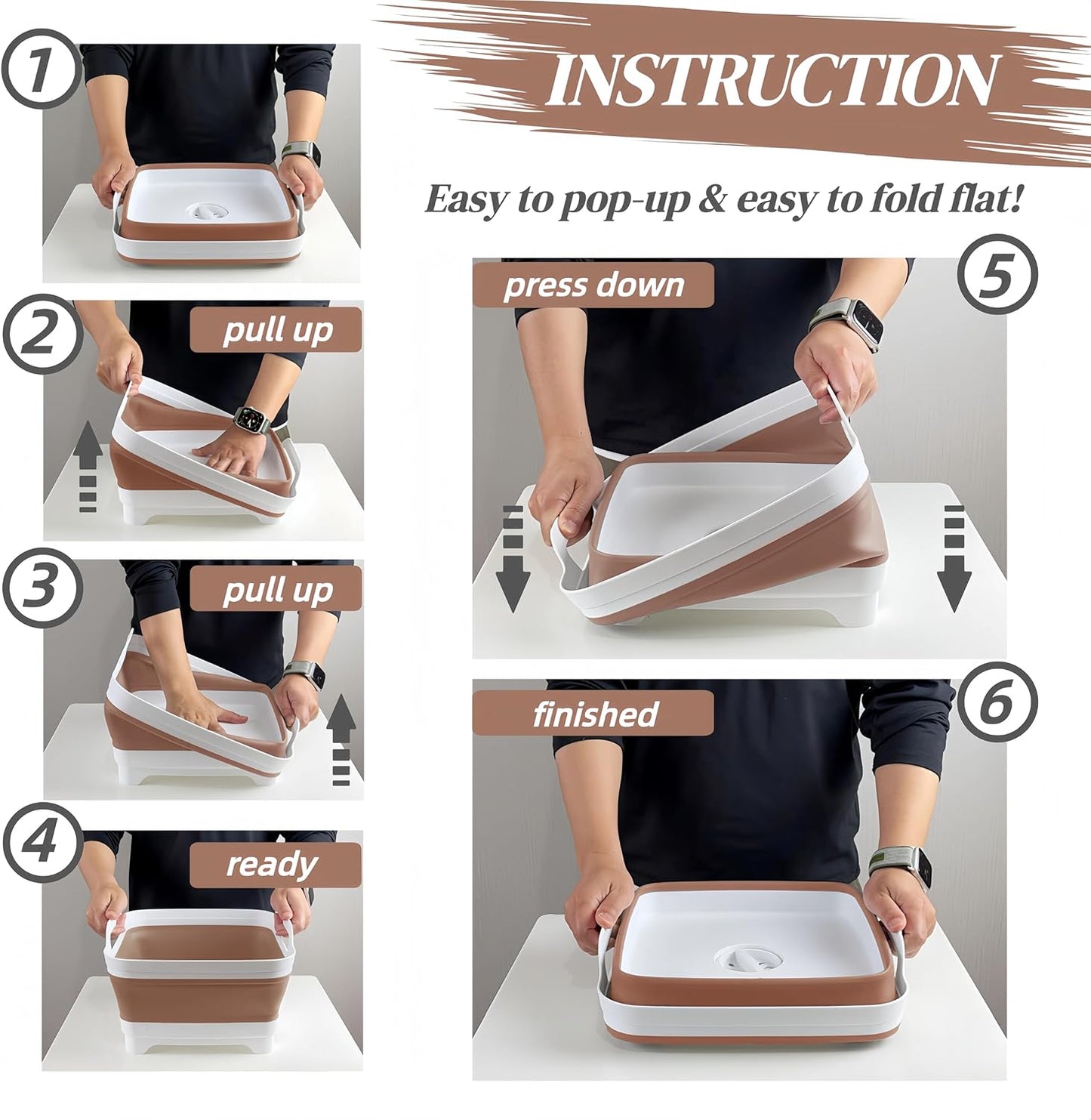 Collapsible Wash Basin for Baby Bottles - 2.4 Gallons Portable Wash Bin for RV Camping Sink, Space-Saving Dish Tub (Mocha)