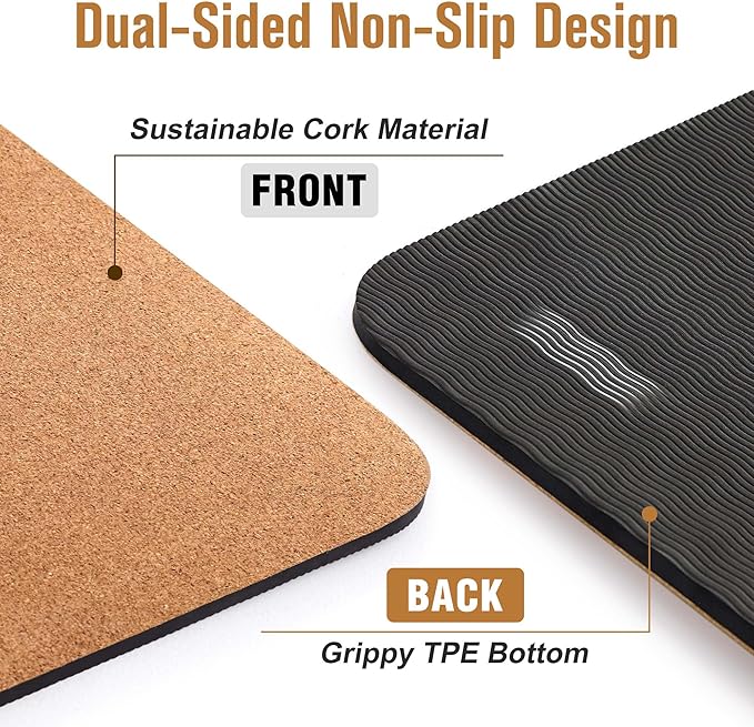 Premium Cork Yoga Mat 1/4 & 2/5 Inch Thick 72 x 26 in, Thick Cork and TPE Non Slip Yoga Mats for Women Men, Sweat Proof Eco-friendly, Great for Hot Yoga & Workouts