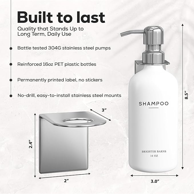 Luxury Shampoo and Conditioner Dispenser Set Wall Mounted by Brighter Barns - Refillable Shampoo Dispenser for Shower Wall - Shower Bottles 3 Chamber No Drill for Guest Bathroom, Airbnb, Hotel (White)