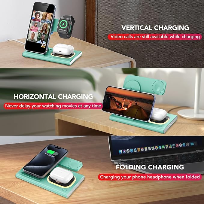 3 in 1 Charging Station for iPhone 17 - Wireless Charger for Apple Products for iPhone 17 16 15 14 13 12 11 Pro Max - Foldable Wireless Charging Station Dock Stand for iWatch Series & AirPods(Green)