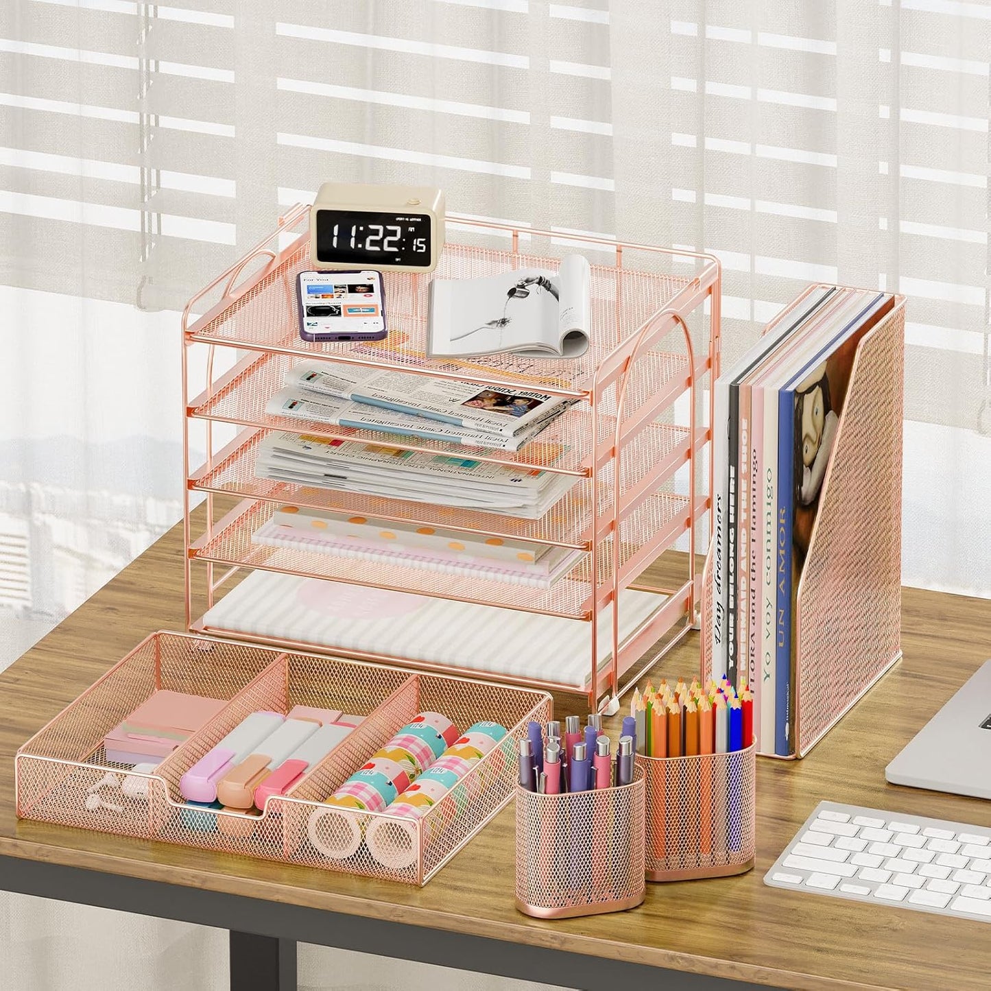 Desk Organizers and Accessories with File Holder, 5-Tier Office Desk Accessories & Workspace Desktop Organizer with Drawer and 2 Pen Holder, File Paper Organizer for Office Supplies(Rose Gold)
