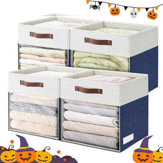Storage Cubes, 4 Pack Linen Foldable Storage Bins (13 x 13 inch) with Clear Window and Handles, Fabric Organizer for Shelf Closet, Clothes, Books - (Navy Blue and White)