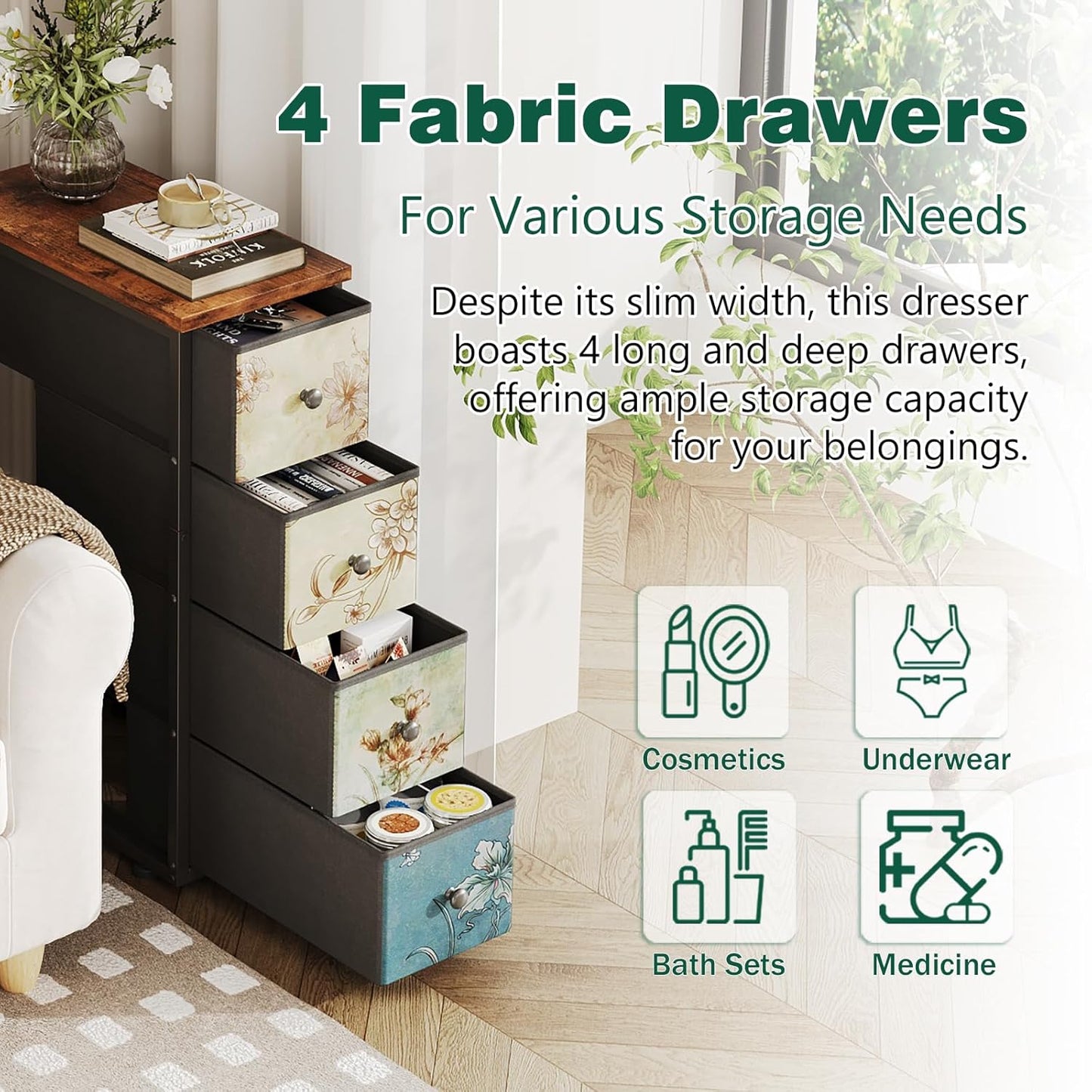 Narrow Dresser, Narrow Nightstand Dresser Storage Tower with 4 Drawers, Slim Fabric Dressers Chest of Drawers for Small Spaces, Retro Flower Dressers, for Bedroom Bathroom Laundry Closet, Vintage