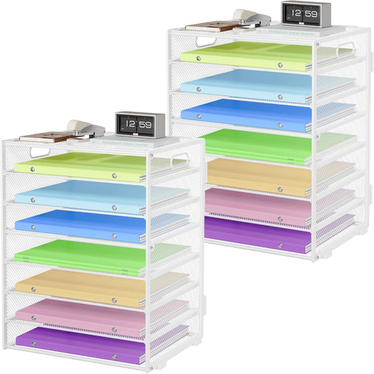 2 Pack 8 Tier Paper Organizer with Handle, Metal Mesh Desk File Organizer, Large Capacity Desk Organizers Paper Letter Tray Desktop Document Sorter for Office, Home or School - White
