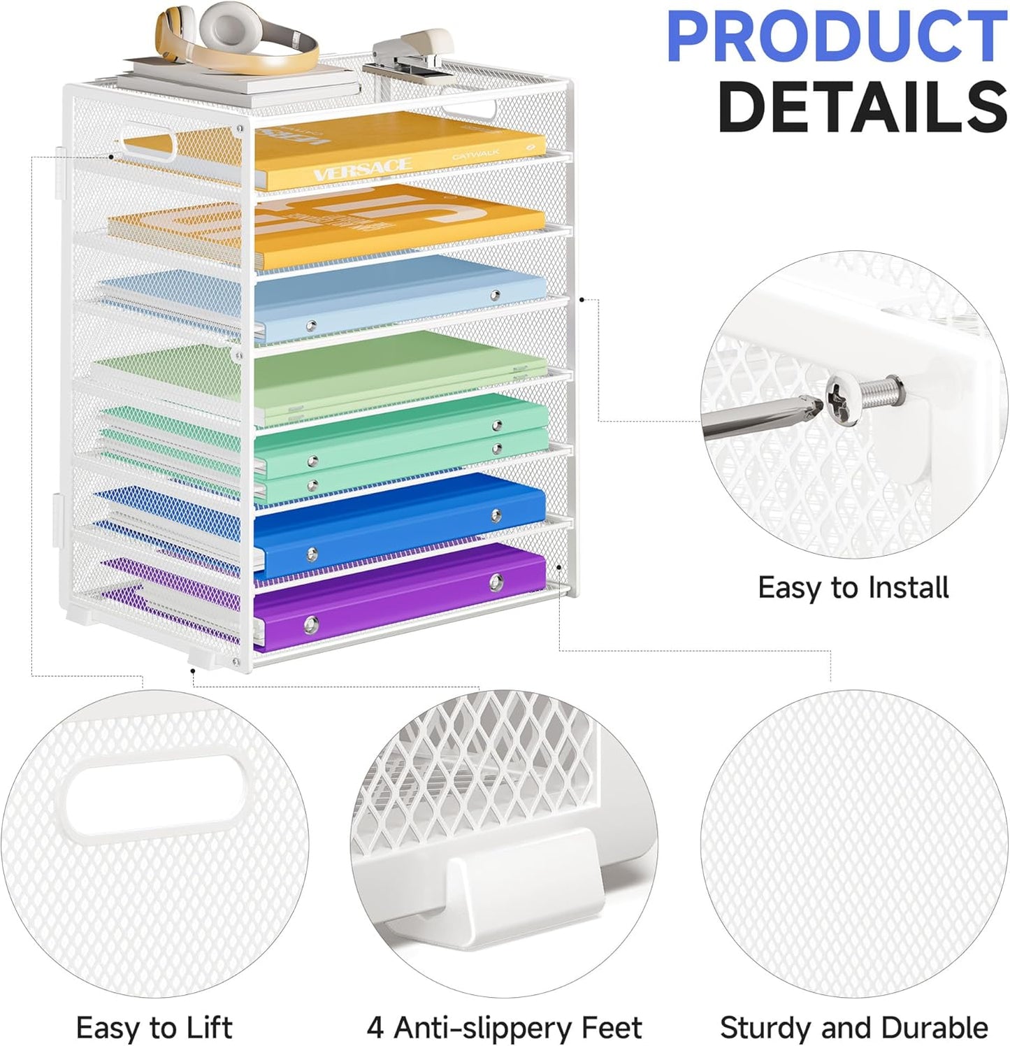 8 Tier Paper Organizer with Handle, Metal Mesh Desk File Organizer, Large Capacity Desk Organizers Paper Letter Tray Desktop Document Sorter for Office, Home or School - White