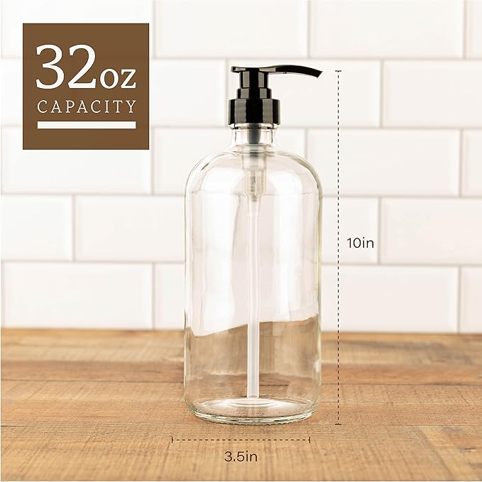 Glass Shampoo and Conditioner Dispenser - Large Glass Pump Bottle Dispenser - 32 Ounce (1 Liter) - Pack of 4