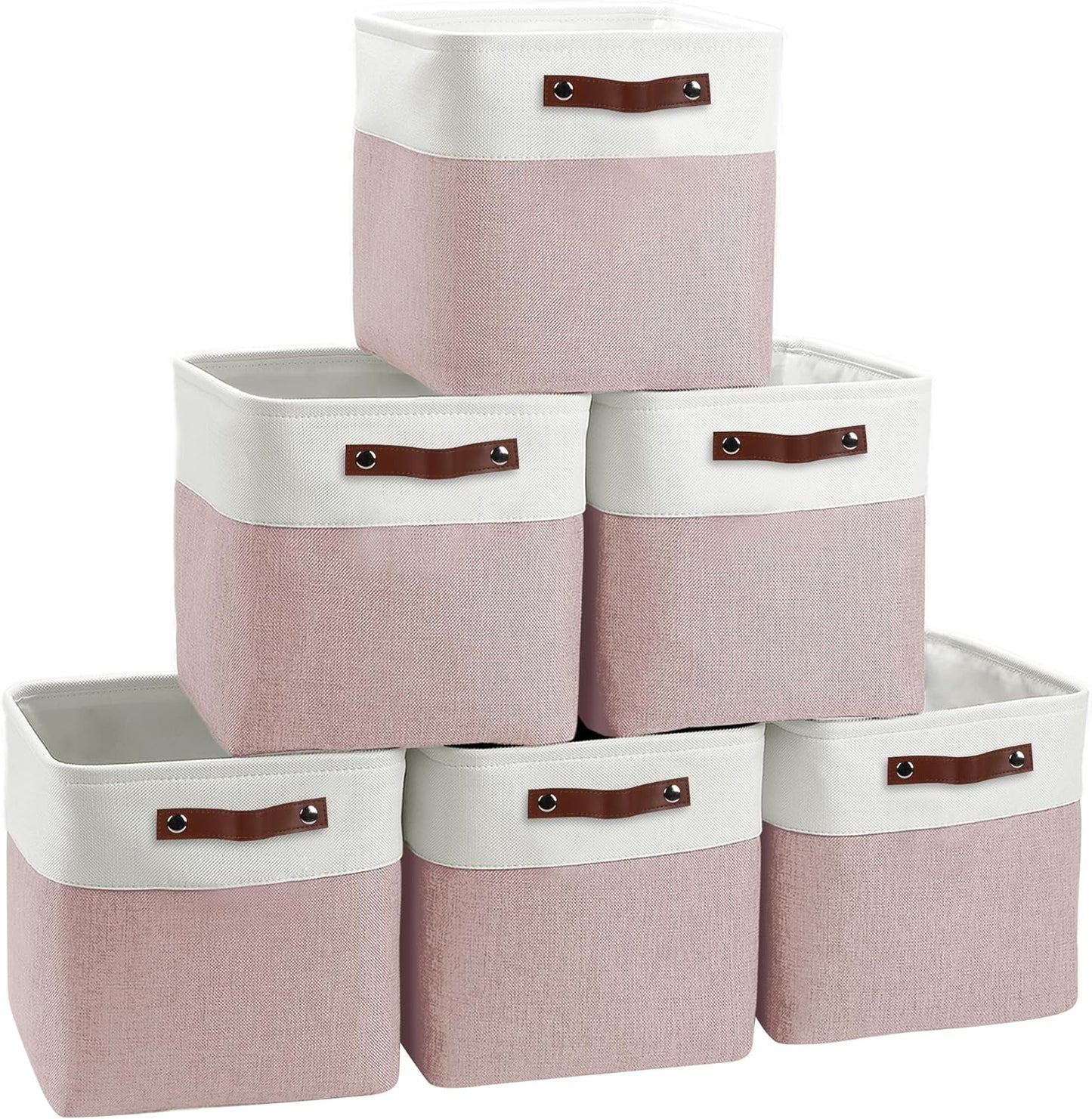 Cube Storage Baskets 6 Pack, 11x11 inch Foldable Cube Storage Bins with Leather Handles for Shelf Closet Nursery Toys (White/ Pink)