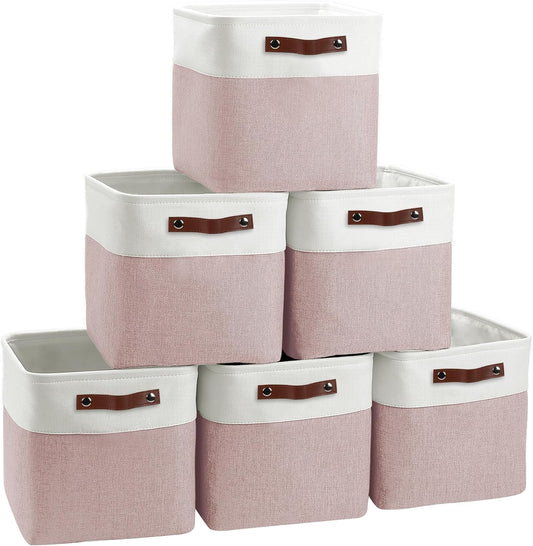 Cube Storage Baskets 6 Pack, 11x11 inch Foldable Cube Storage Bins with Leather Handles for Shelf Closet Nursery Toys (White/ Pink)