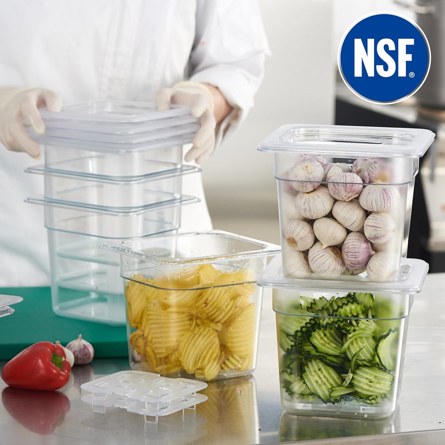 CURTA 6-Pack 1/6 Size 6" Deep NSF Polycarbonate Food Pans with Handled Lids & Drain Trays | Dishwasher & Freezer Safe Clear Container for Prep Tables, Buffet, Salad Bar, Commercial Kitchen