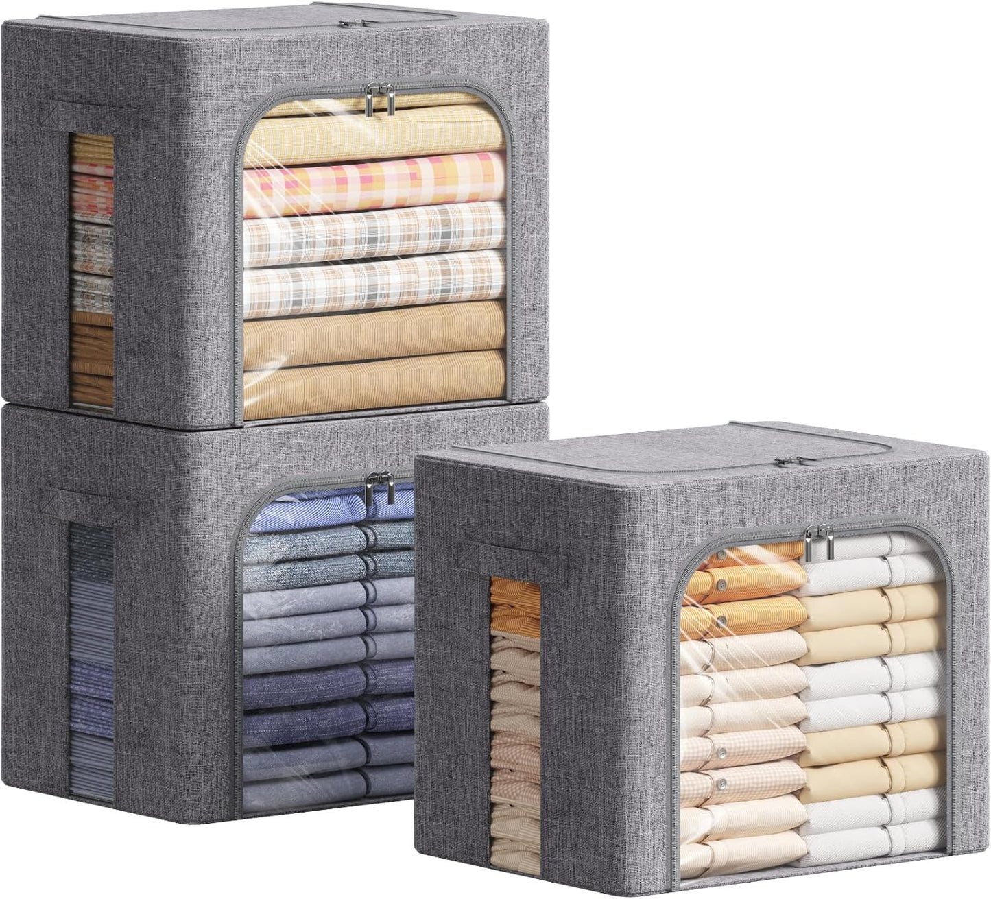 Lifewit Clothes Storage Bins with Metal Frame, Stackable Storage Box, Foldable Clothing Storage Bins with Lids, 40L Storage Bags Fabric Box Organizer with Clear Window＆ Zippers＆ Sturdy Handles 3 Pack