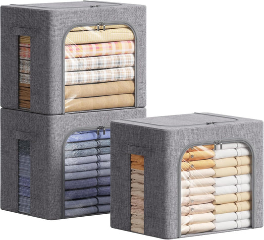 Lifewit Clothes Storage Bins with Metal Frame, Stackable Storage Box, Foldable Clothing Storage Bins with Lids, 40L Storage Bags Fabric Box Organizer with Clear Window＆ Zippers＆ Sturdy Handles 3 Pack