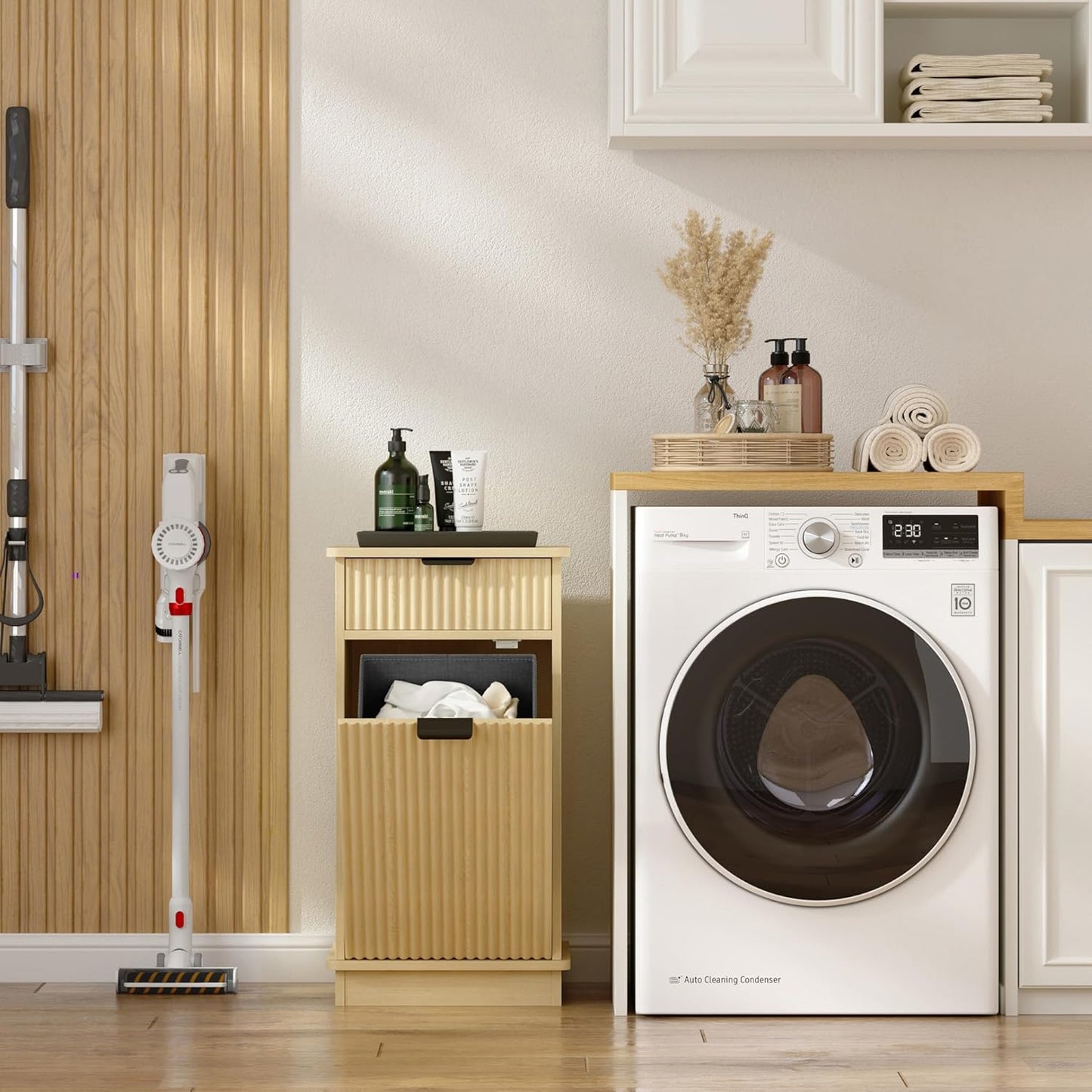 Natural Tilt Out Laundry Hamper Cabinet Hidden Laundry Hamper Cabinet with Drawers and Baskets for Bathroom Hamper with Storage for Kitchen Bedroom，16x16x30in