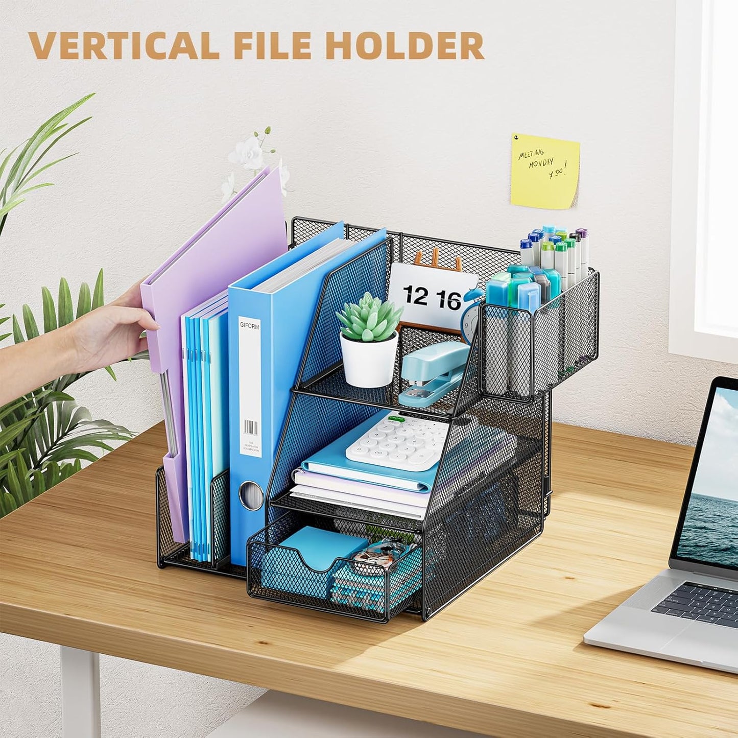 Marbrasse Desk Organizer and Accessories, 3-Tier File Organizer with Drawer and Pen Holder, Small Desktop Organizer and Storage for Workspace Office Supplies Black