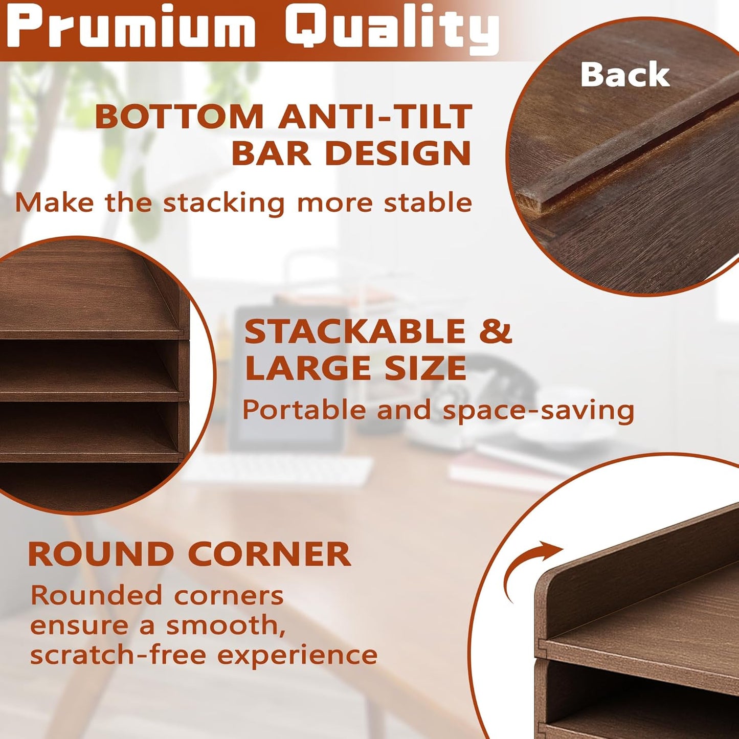 PROLEE Wooden Paper Tray Organizer for Desk,Stackable Paper Holder and Letter Tray,4-Tier Desktop File Storage Rack for Study,Home and Office(Walnut,14" x 9.5" x 2.5")
