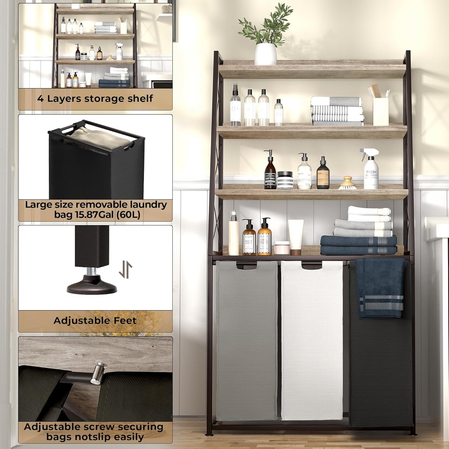 Laundry Basket, 3 Section Laundry Hamper with 4 Tiers Shelf, Pull-Out and Removable Laundry Bags, Large 3 x 15.87 Gallons, for Laundry Room Bathroom Greige PF05XLZ