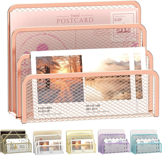 SUPEASY Mail Organizer for Desk, Mesh Metal Mail Holder Countertop with 3-Slot, Letter Sorter File Holder, Office Envelope Organizer for Mails (Rose Gold)
