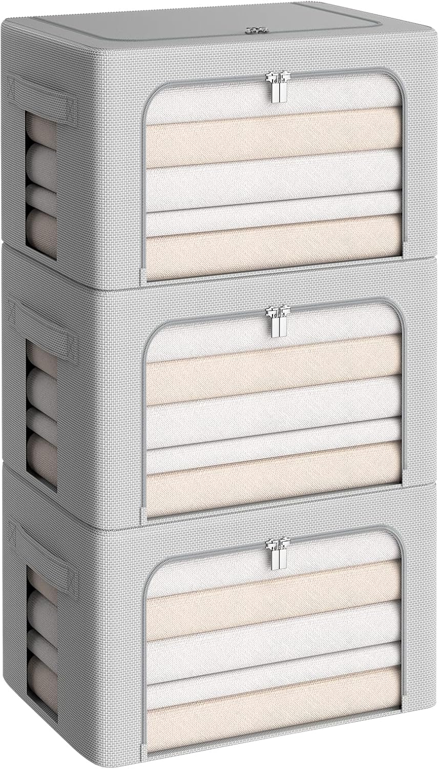 3Pack Frame Storage Box - Clothes Storage Bin Bags Oxford Fabric Foldable Stackable Container Organizer Set with Clear Window & Carry Handles (Grey, X-Small-36L)