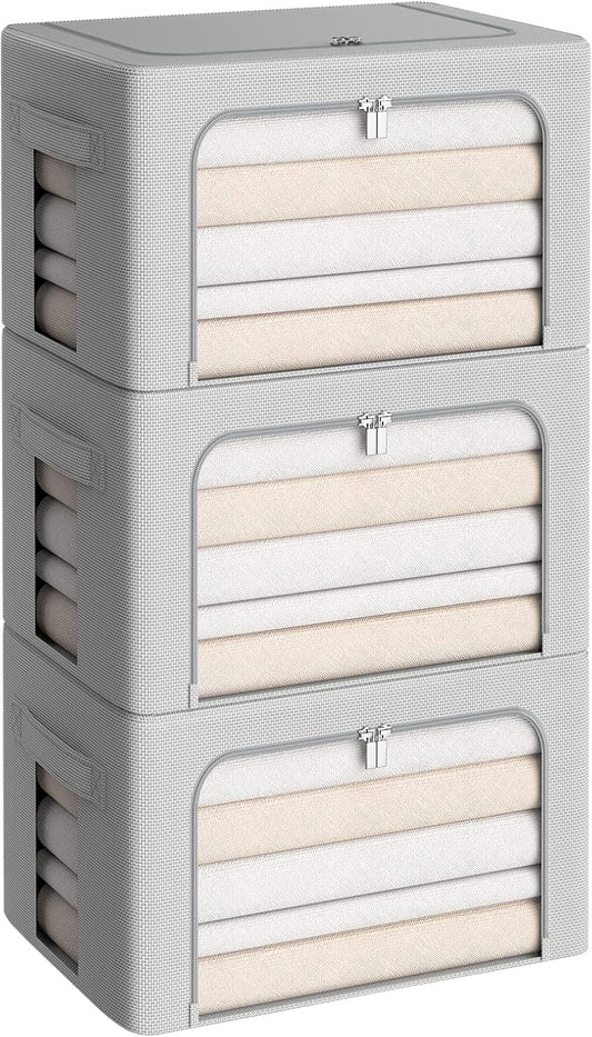 3Pack Frame Storage Box - Clothes Storage Bin Bags Oxford Fabric Foldable Stackable Container Organizer Set with Clear Window & Carry Handles (Grey, X-Small-36L)