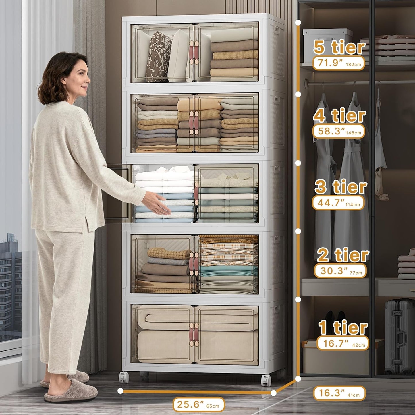 Extra Large Stackable Storage Bins with Lids & Wheels & Door, 560QT-112QT/28GAL*5Pack Foldable Collapsible Closet Organizers, Plastic containers drawers for bedroom Dorm