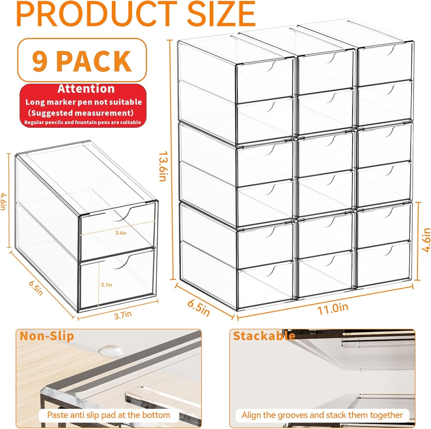 Yieach 9 Pack Small Acrylic Drawers With 18 Drawers,Clear Drawer Organizers Stackable,School,Office Supplies Organizer And Storage Bins for Stationery,Pen,Pencil,Craft,Glasses,Sunglass Organizer Case