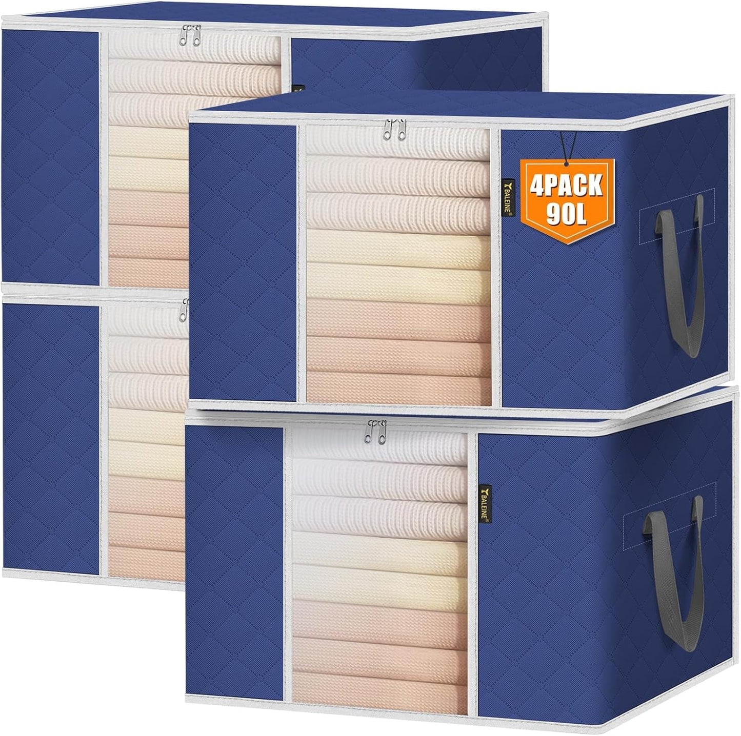 BALEINE 4 Pack Clothes Storage Bags, 24 Gallon Storage Containers with Reinforced Handle, Sturdy Zipper, Closet Organizer for Blanket, Comforter, Pillow, Bedding (Blue, 4 Pack)