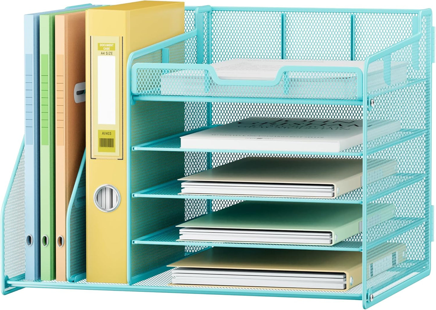 Lavatino 5-Tier Desk Organizer with 2 File Holders, Metal Adjustable Paper Letter Tray for Office or Home Desk Organizers and Accessories | 7 Flexible Dividers Keep Workspace Supplies Neat, Blue