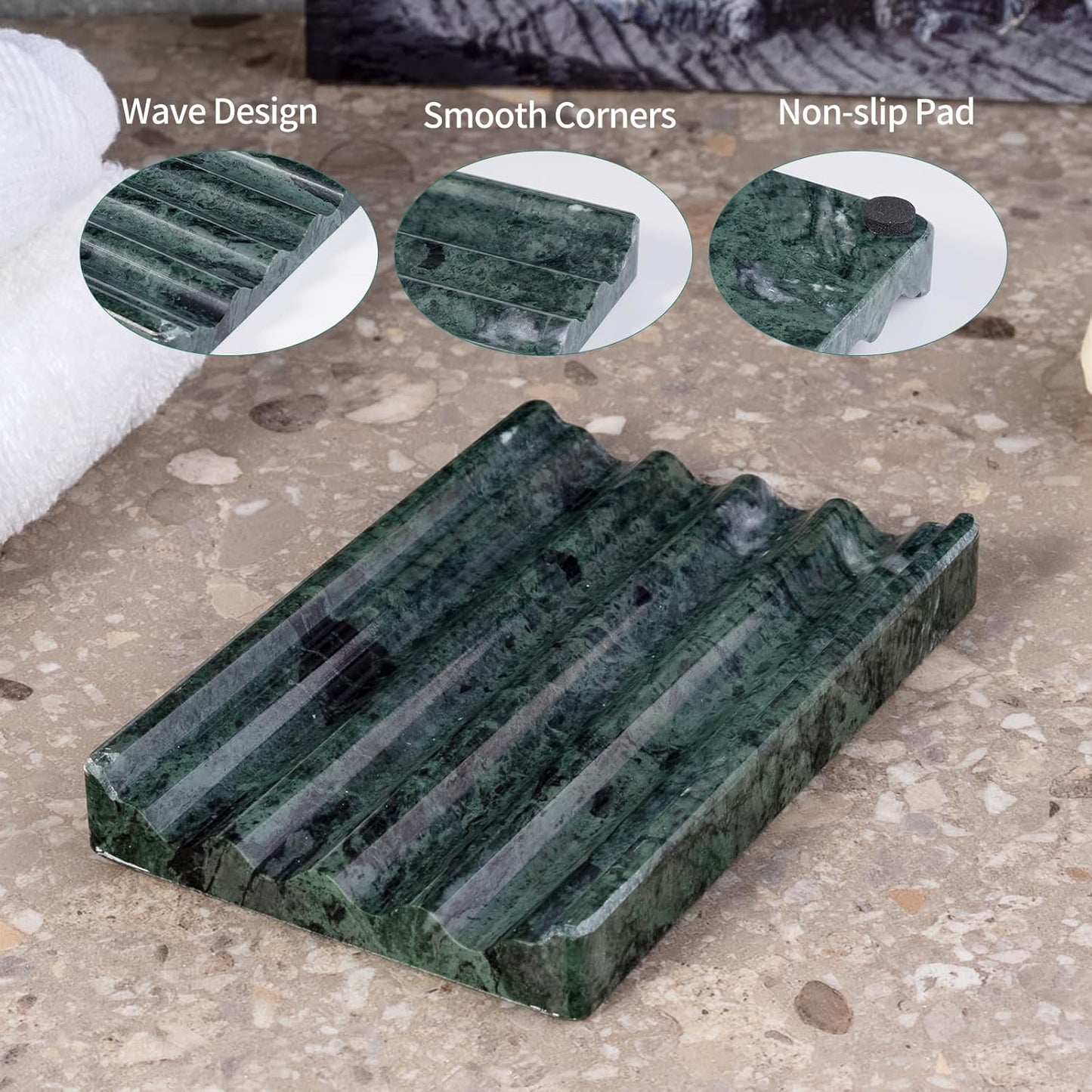 Soap Holder, Marble Soap Dish for Shower, Green Bar Soaps Holder with Water Ripple Design, Easy Cleaning Soaps Saver for Kitchen Sink，Bathroom, Executive Indian Natural Stone Soap Tray